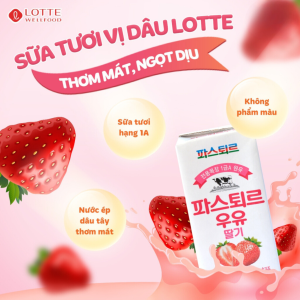 Sữa Trái Cây Vị Dâu Lotte- Pasteur Strawberry Milk- 190ml- Thùng 24 Hộp